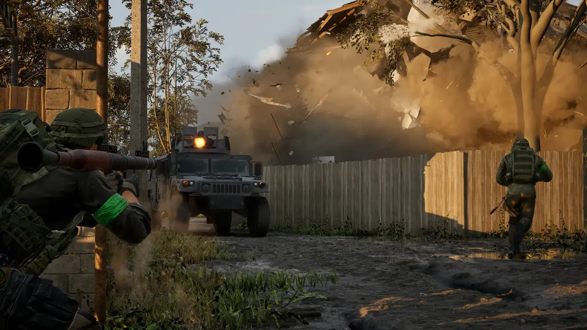 A soldier aims a rocket launcher past a military truck as a building collapses in dust